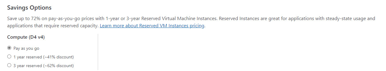 Figure 1.13 – Azure VM pricing: choice of pay as you go or reservation options
