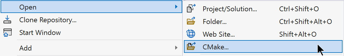 Figure 1.3: Open a CMake project in VS 2022