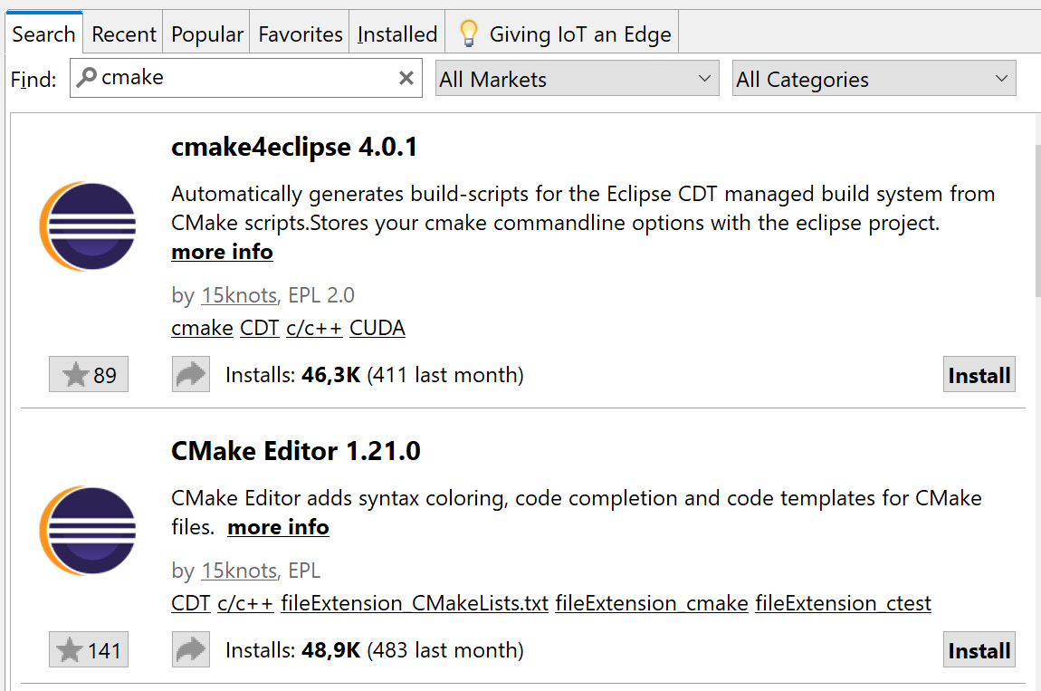 Figure 1.10: Installing the Eclipse CMake solutions