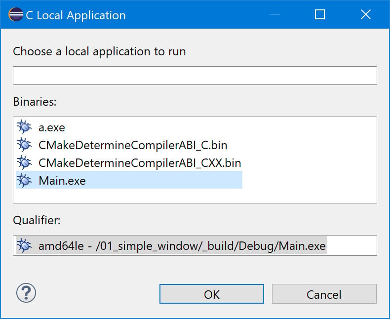 Figure 1.16: Selecting the generated executable in Eclipse