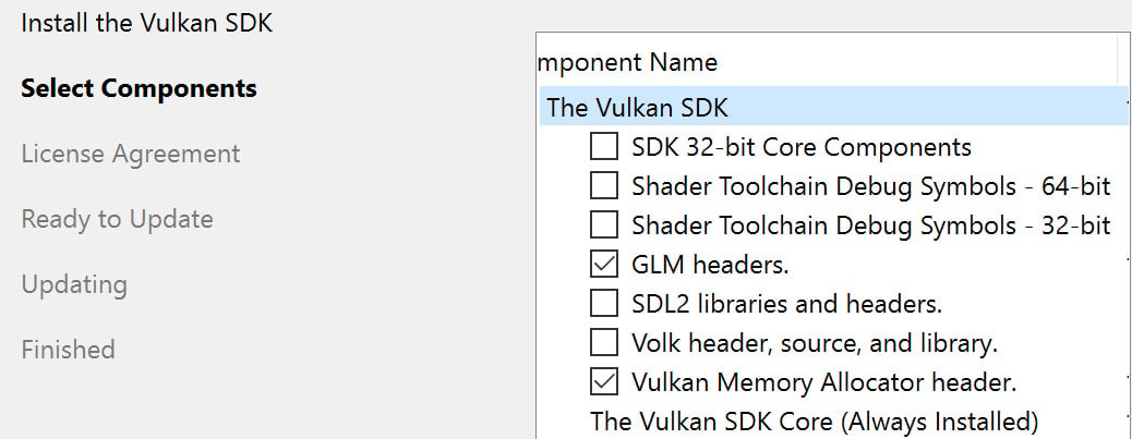 Figure 1.17: Adding GLM and VMA during the Vulkan SDK installation