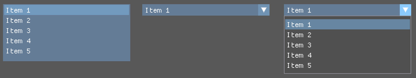 Figure 12.1: A list box (left), a folded combo box (middle), and an expanded combo box (right)