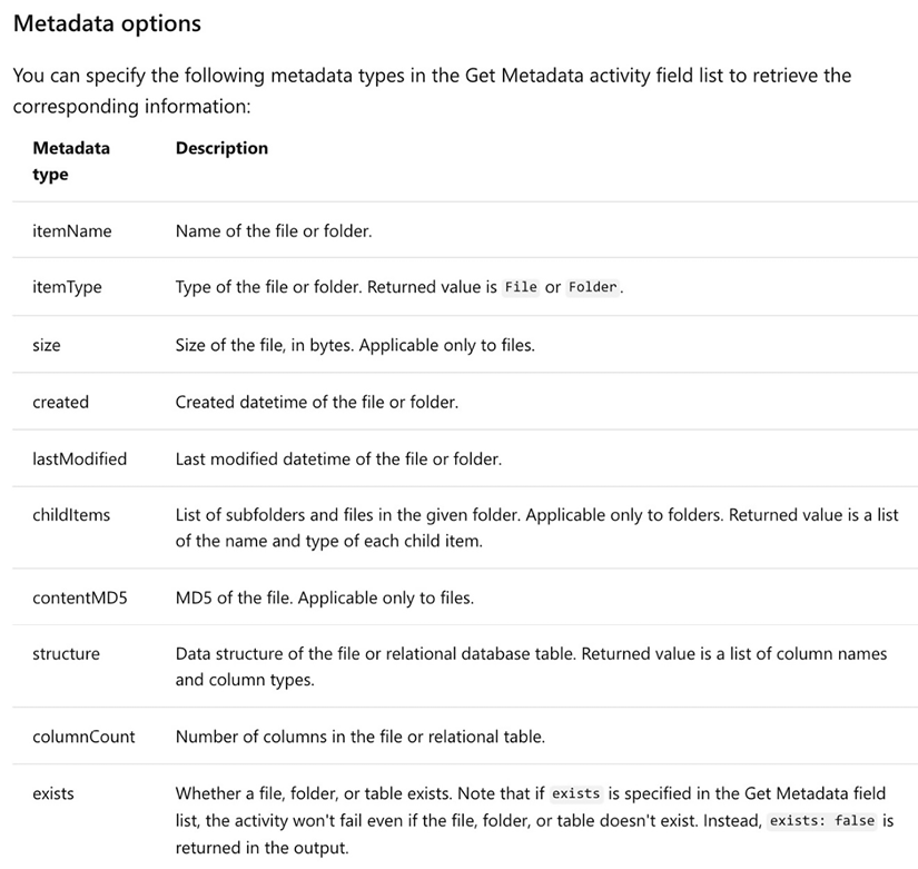 Figure 2.18 – Metadata activity options
