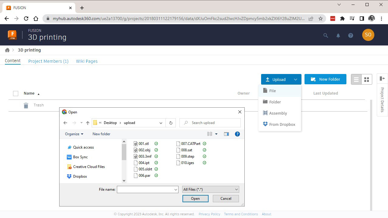 Figure 1.3 – Uploading local files to our 3D printing project on Fusion TEAM