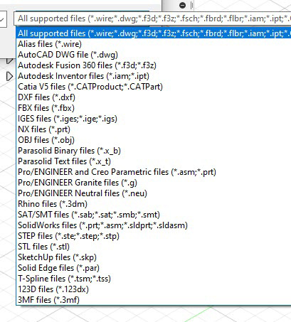 Figure 1.5 – A list of the available CAD and MESH file types that Fusion 360 can open