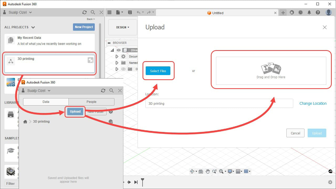 Figure 1.8 – Uploading multiple Mesh and CAD documents to Fusion 360 using the Data Panel