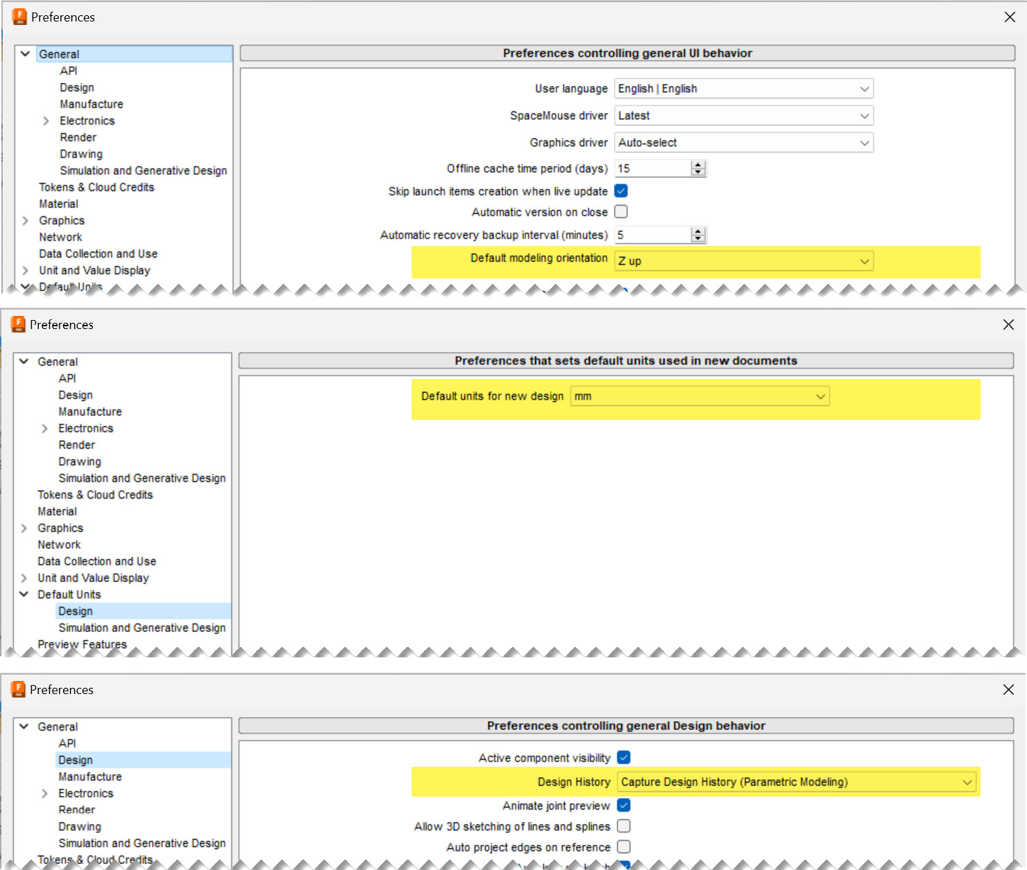 Figure 1.12 – Various sections within Fusion 360’s Preferences dialog