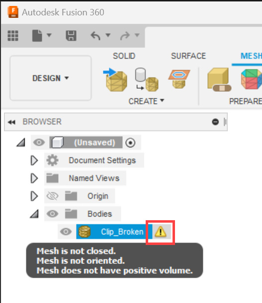 Figure 1.16 – A warning icon next to a problematic mesh body