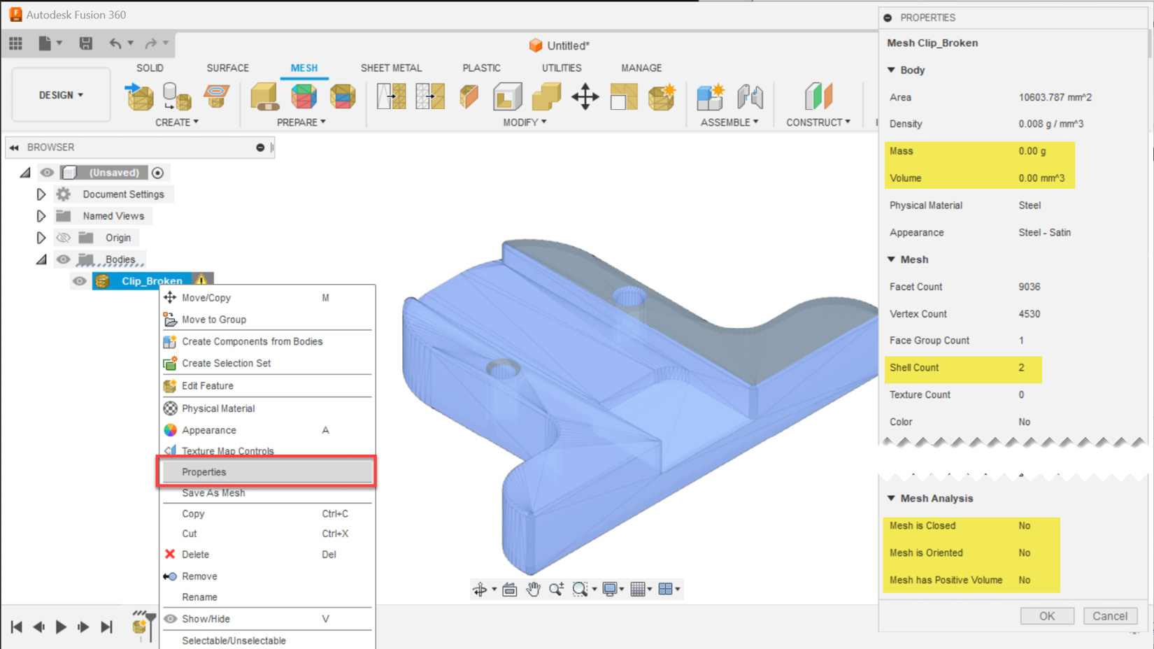 Figure 1.17 – The PROPERTIES dialog shows the relevant mesh analysis information