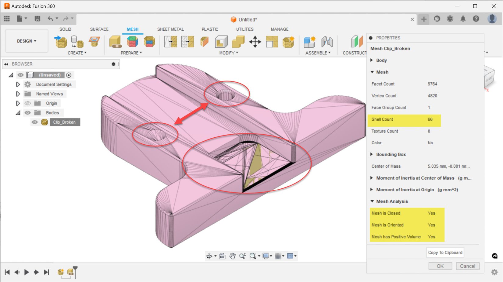 Figure 1.19 – The PROPERTIES dialog shows the outcome of repaired mesh body