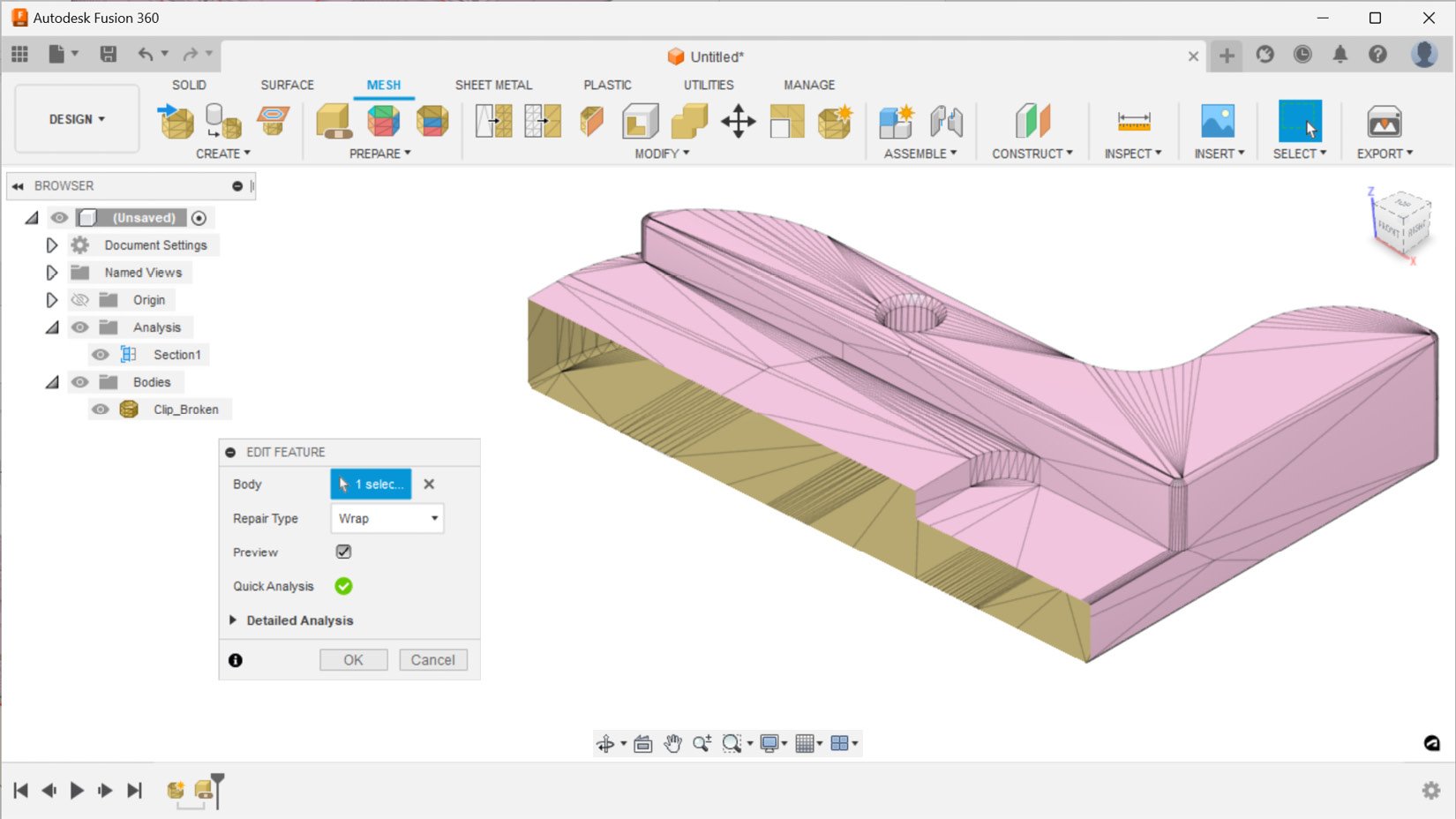 Figure 1.22 – The Wrap repair type and its impact on this part with a section analysis view