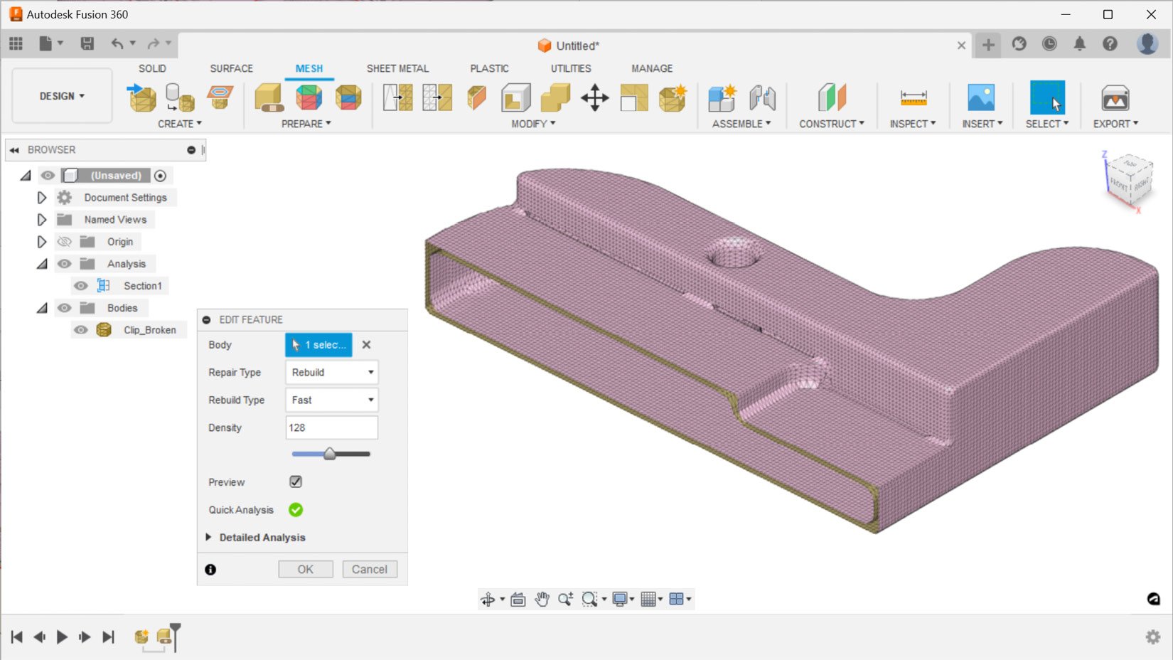 Figure 1.23 – The Rebuild repair type and its impact on this part with a section analysis view