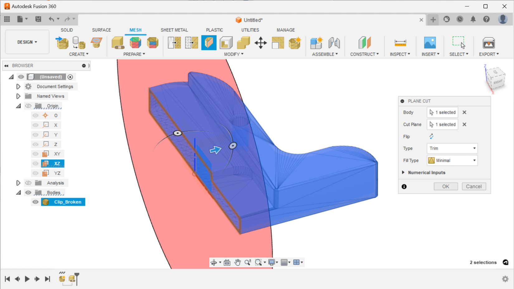 Figure 1.24 – Trimming the mesh body using the Plane Cut tool