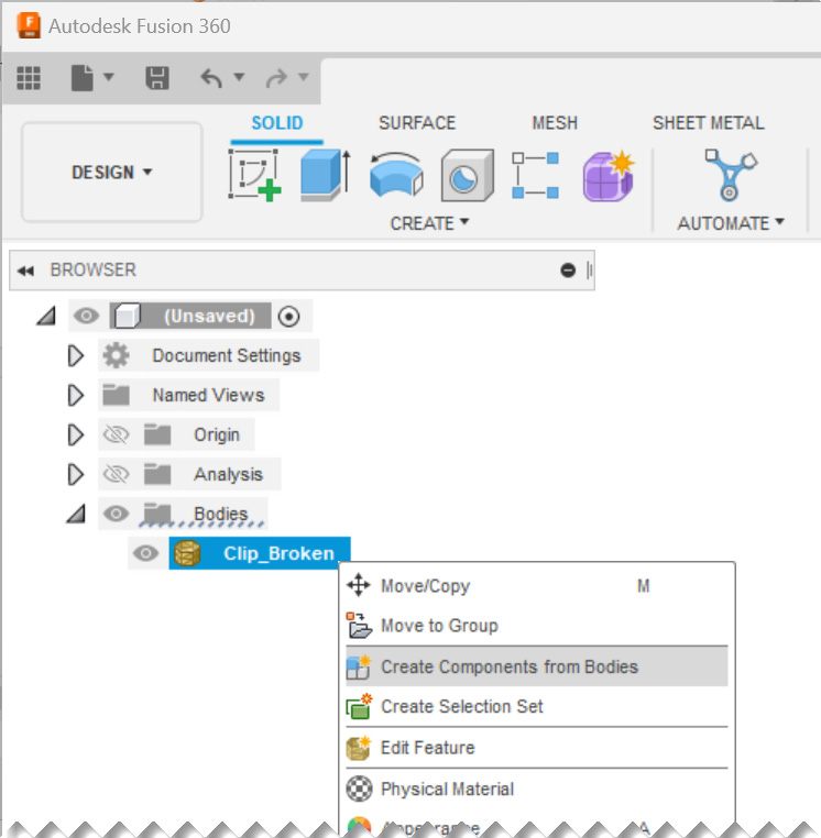 Figure 1.25 – Creating a new component from the trimmed mesh body