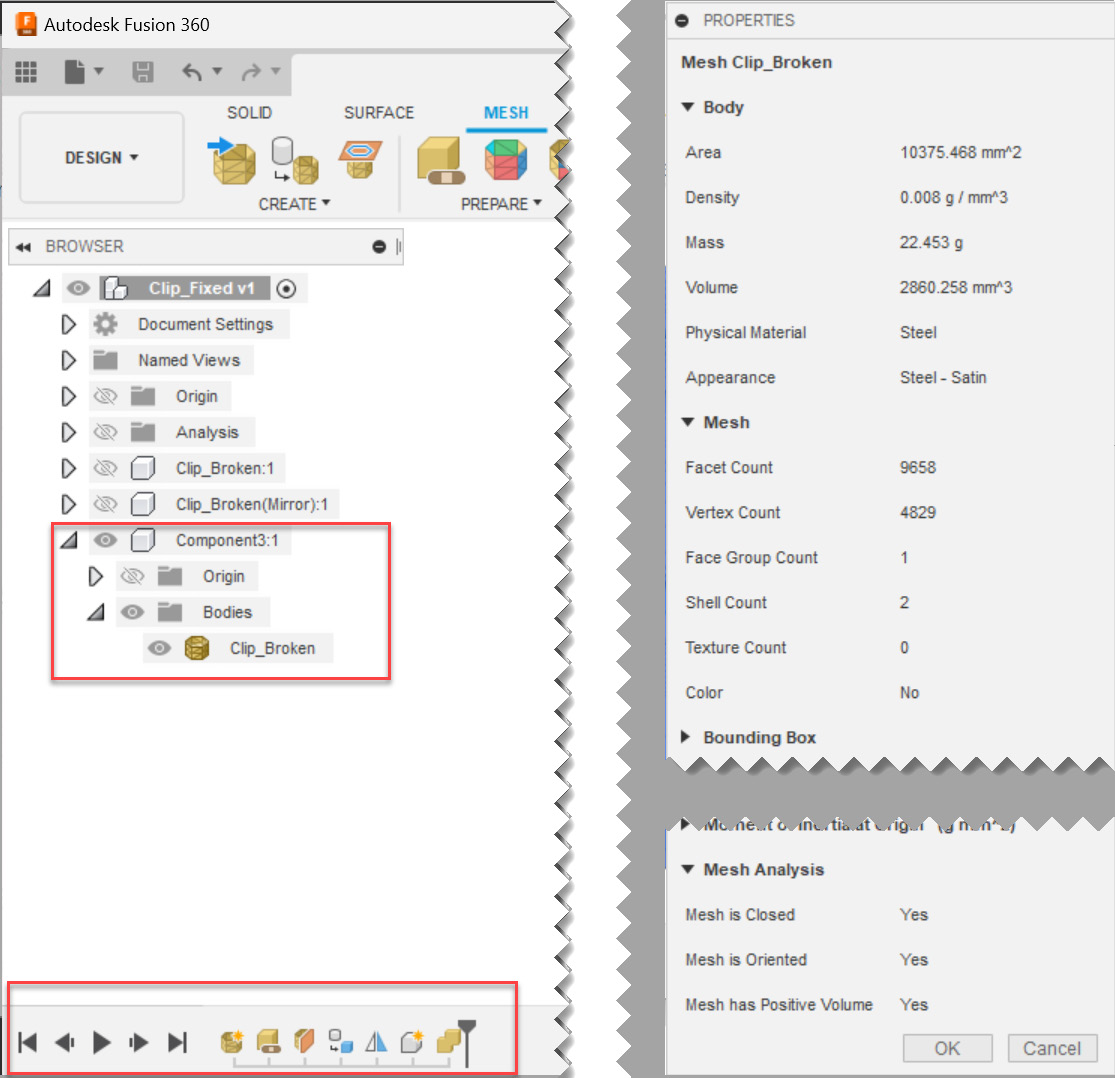 Figure 1.30 – The properties of repaired mesh and the repair actions timeline