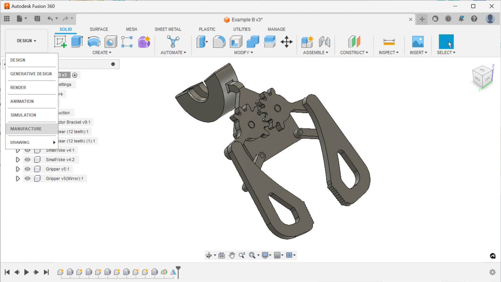 Figure 6.13 – Switching from the DESIGN workspace to the MANUFACTURE workspace