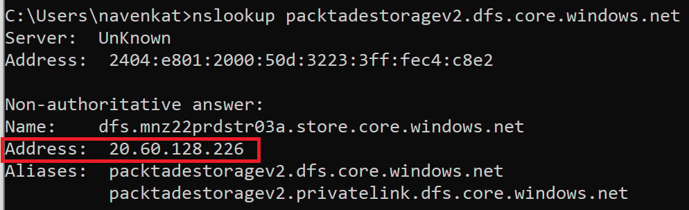 Figure 2.12 – Testing a private endpoint connection outside of the virtual network
