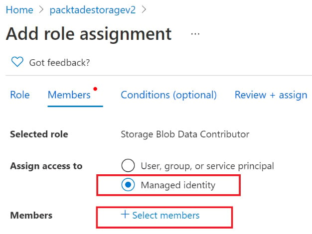 Figure 2.23 – Selecting the Data Factory managed identity
