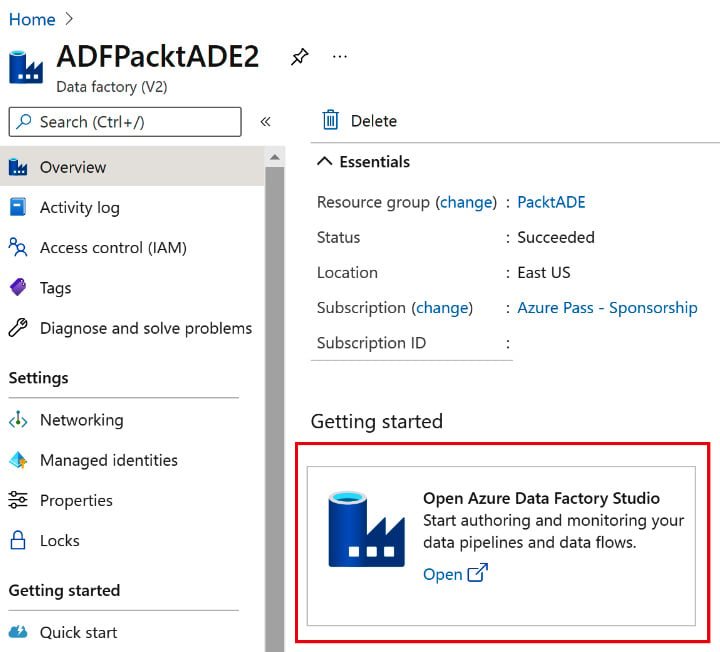 Figure 2.25 – Opening Azure Data Factory Studio
