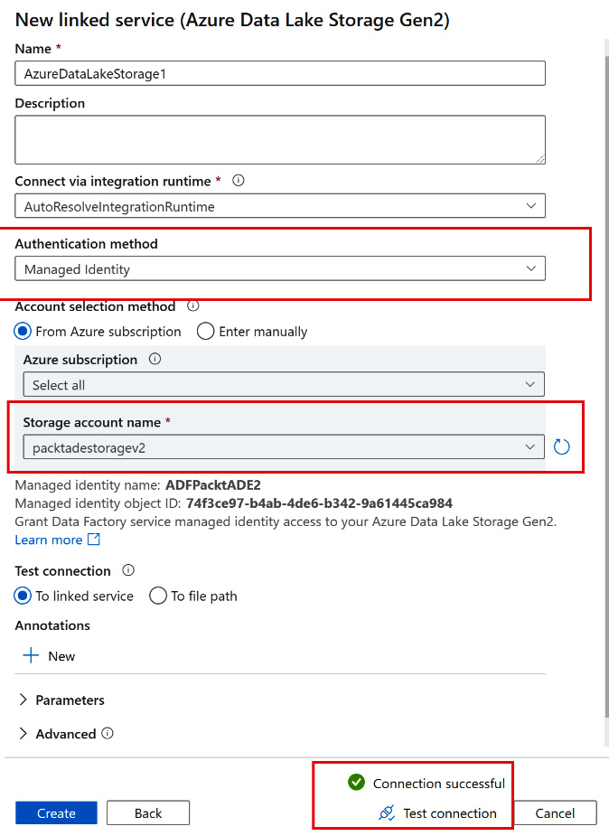 Figure 2.27 – Testing a managed identity connection in Data Factory
