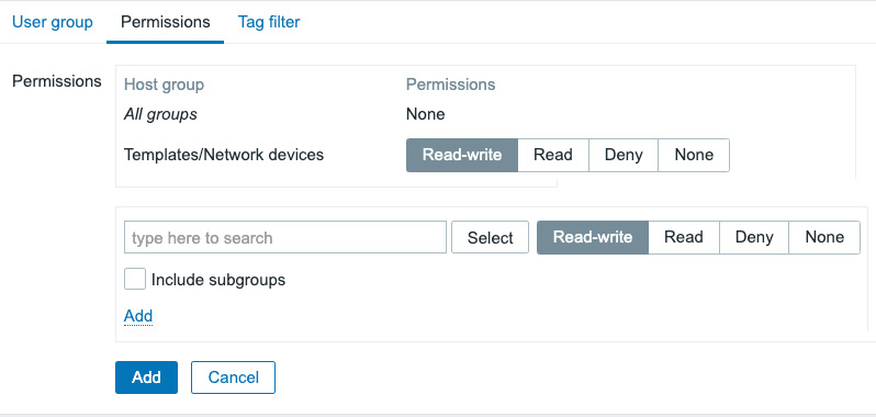 Figure 2.4 – The Zabbix User groups Permissions configuration window
