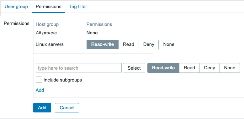 Figure 2.6 – The Zabbix User groups Permissions configuration window with one host group
