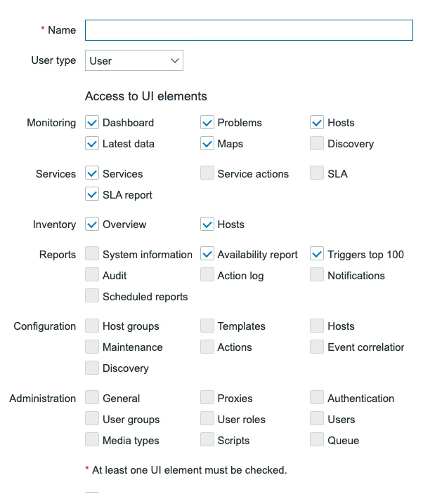 Figure 2.9 – The top part of a new Zabbix User role configuration window
