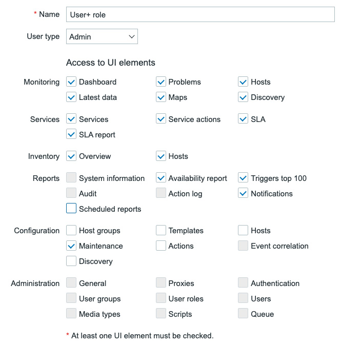 Figure 2.10 – A new Zabbix User+ role with access to Maintenance
