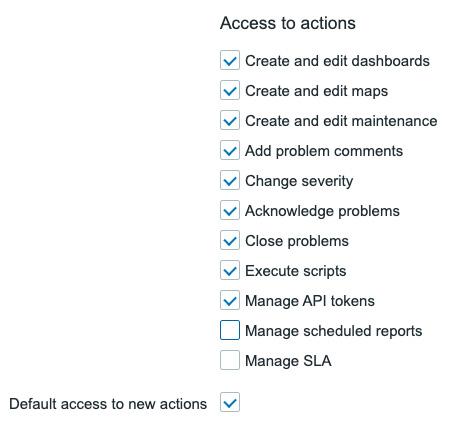 Figure 2.11 – A new Zabbix User+ role with correct Access to actions settings
