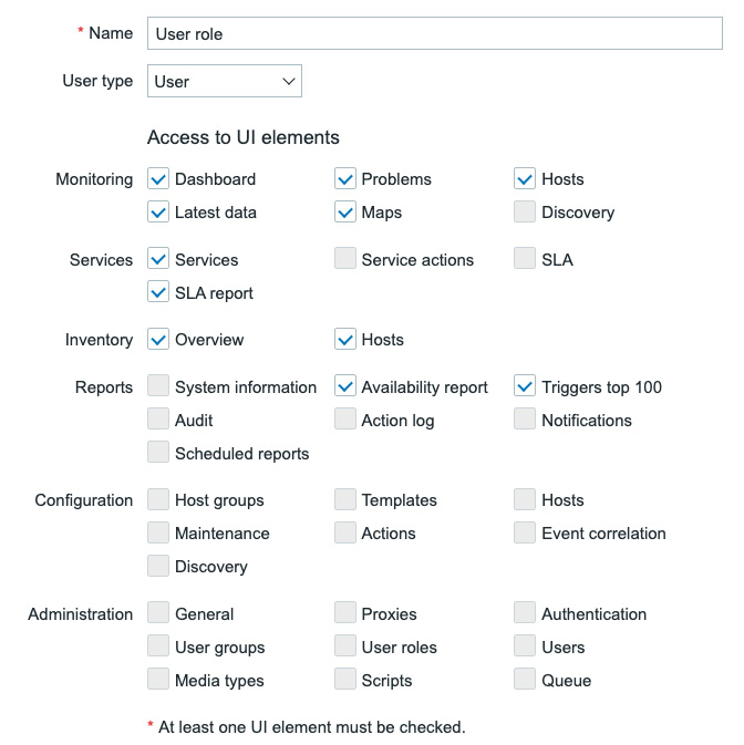 Figure 2.12 – Default Zabbix user role called User role Access to UI elements
