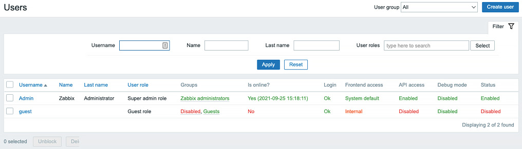 Figure 2.16 – The Zabbix Users window
