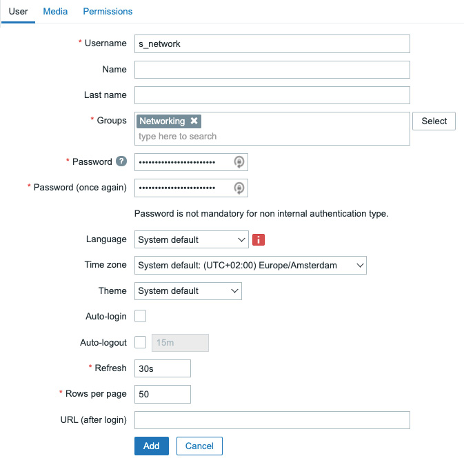 Figure 2.17 – The Zabbix Users configuration window
