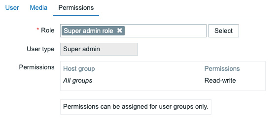 Figure 2.18 – The Zabbix user Permissions configuration window
