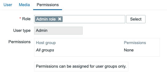 Figure 2.20 – The Zabbix user Permissions configuration window
