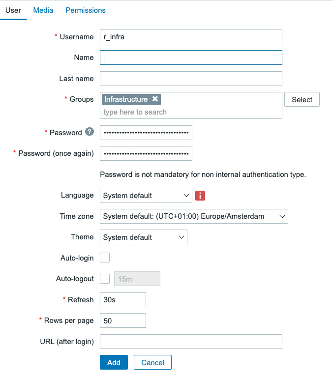 Figure 2.21 – The Zabbix user configuration window for r_infra
