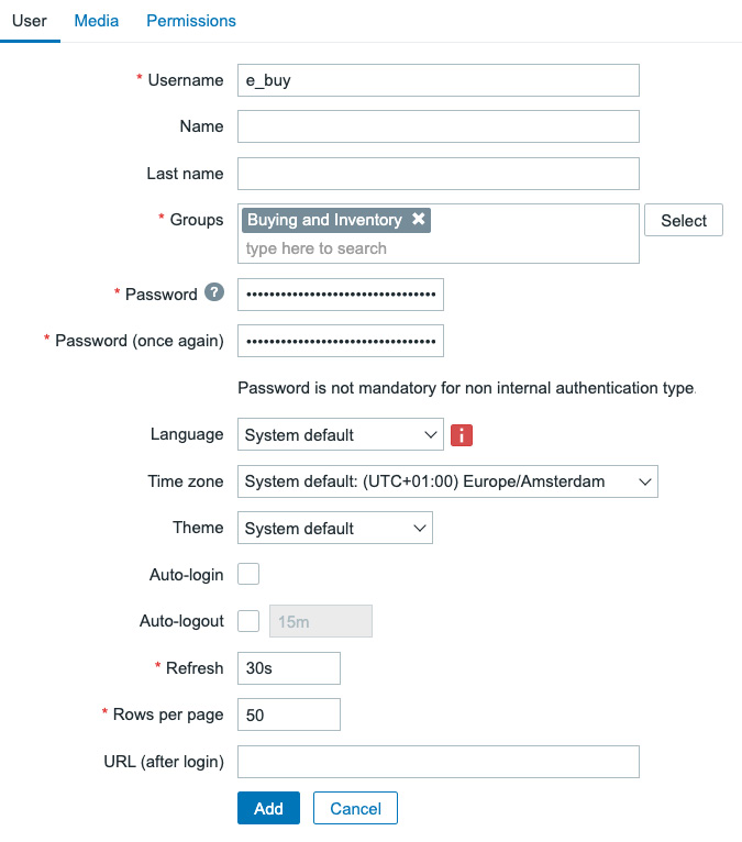 Figure 2.22 – The Zabbix User configuration window for e_buy
