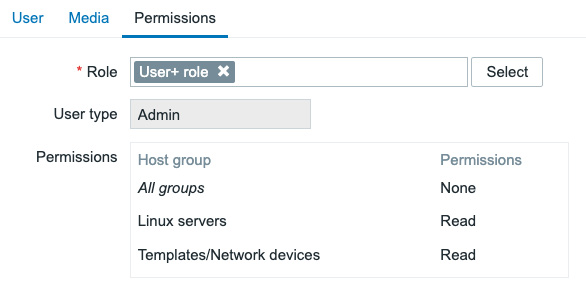 Figure 2.23 – The Zabbix user configuration window for e_buy
