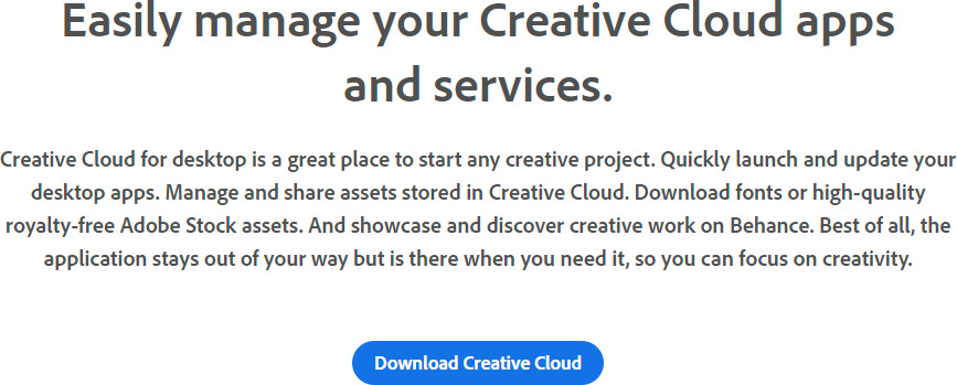 Figure 1.2: Downloading Creative Cloud for desktop not only grants access to Character Animator but also all of Adobe’s amazing apps