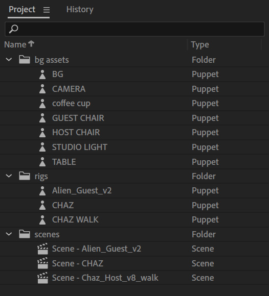 Figure 10.2: The Project panel rearranged with groups