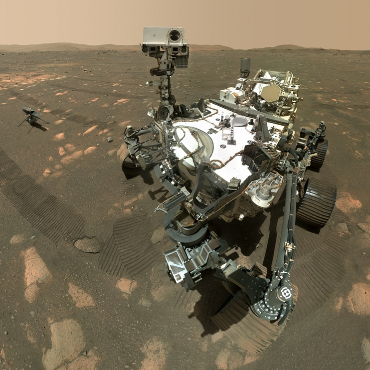 Figure 1.4 – NASA's Perseverance rover alongside the Ingenuity helicopter selfie on Mars (image credit: NASA/JPL-Caltech/MSSS; https://mars.nasa.gov/resources/25790/perseverances-selfie-with-ingenuity/)