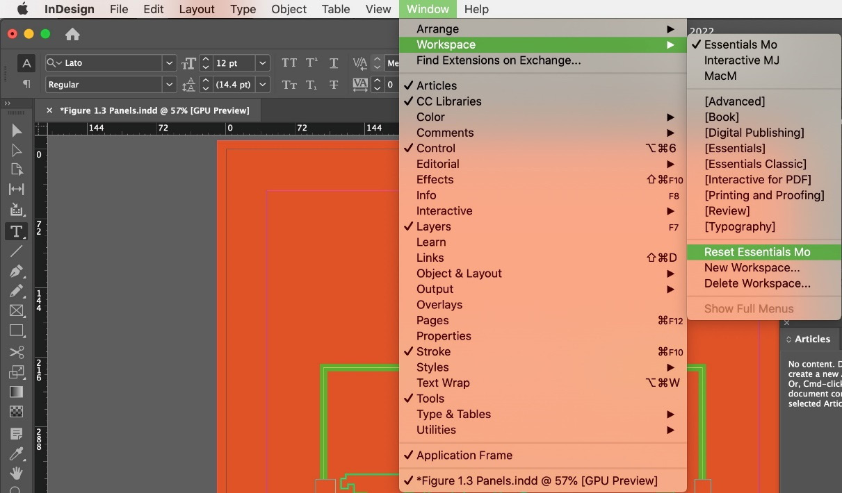 Figure 1.15: Resetting the InDesign interface