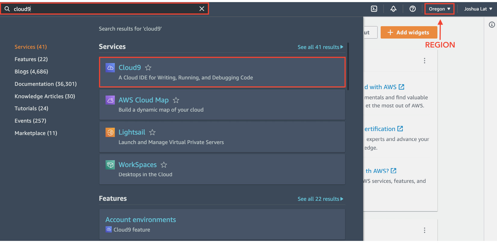 Figure 1.3 – Navigating to the Cloud9 console
