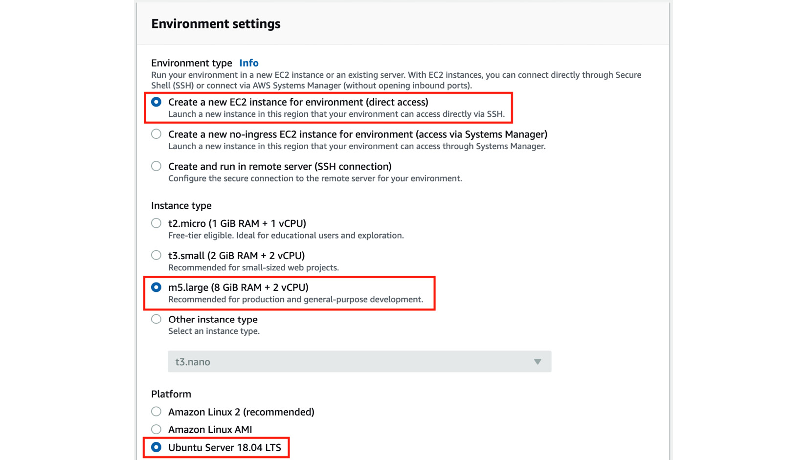 Figure 1.4 – Configuring the Cloud9 environment settings
