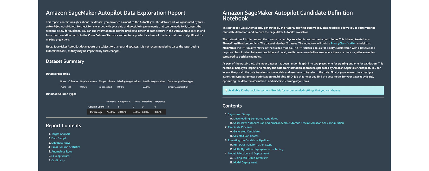 Figure 1.27 – The Data Exploration Report (left) and the Candidate Definition Notebook (right)
