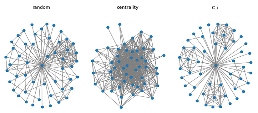 Figure 1.23: Examples of the ego subgraph for the node that has the largest degree in the ASTRO-PH dataset. Neighbors are sampled with a ratio=0.1 random sampling (left); nodes with largest betweenness centrality (center); nodes with largest clustering coefficient (right)