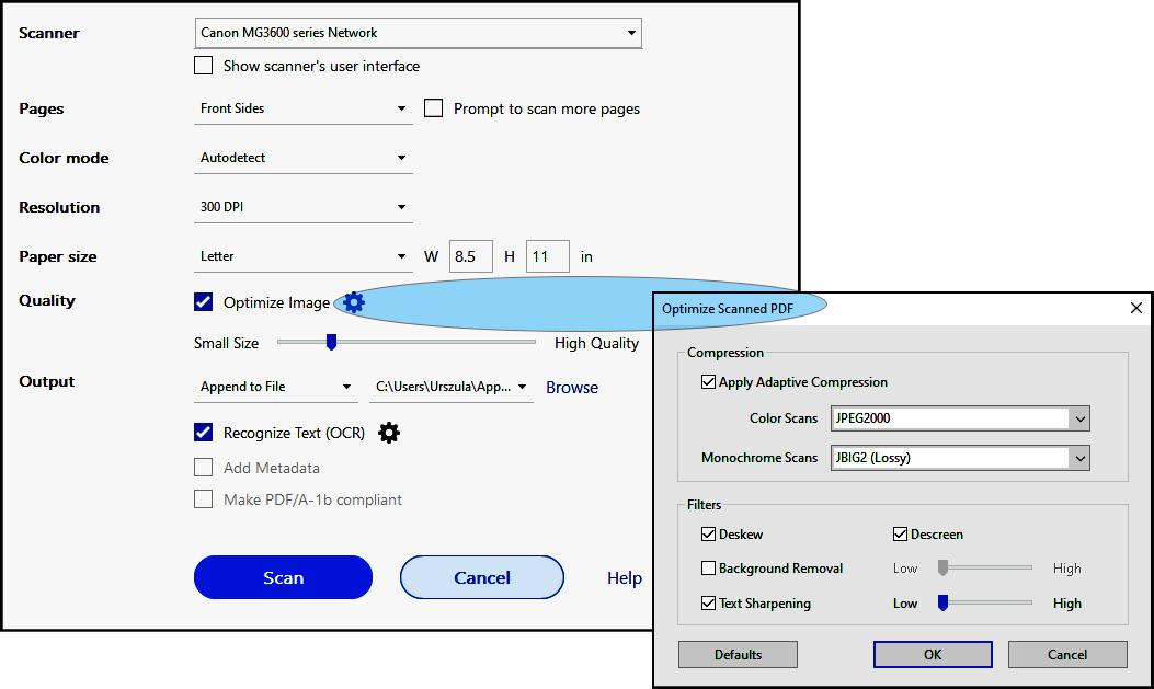 Figure 2.2 – Scanner options (availability of options depends on the selected scanner)