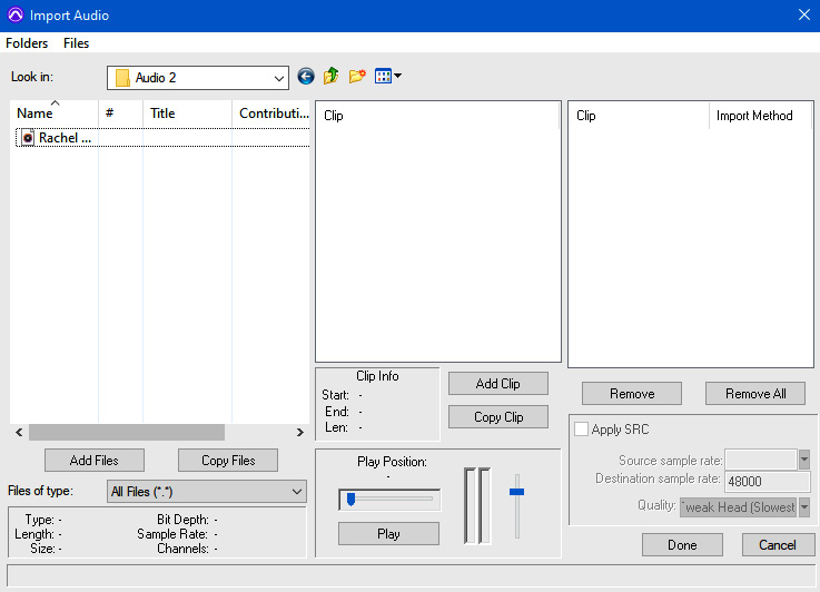 Figure 2.6b: The Import Audio dialog on a Windows system has a different layout, but functions the same way