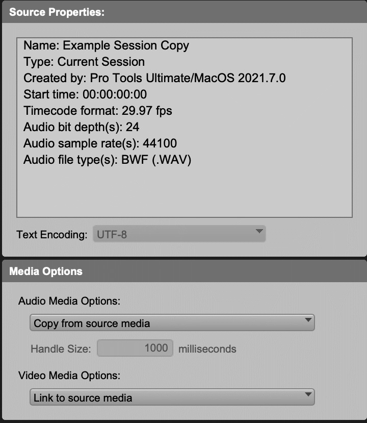 Figure 2.7: The Import Session Data window’s Source Properties and Media Options (top left)