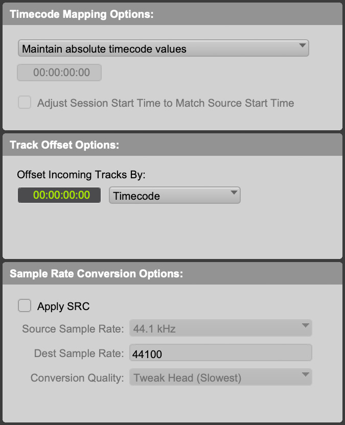 Figure 2.8: The Import Session Data window’s Timecode Mapping Options, Track Offset Options, and Sample Rate Conversion Options (top right)