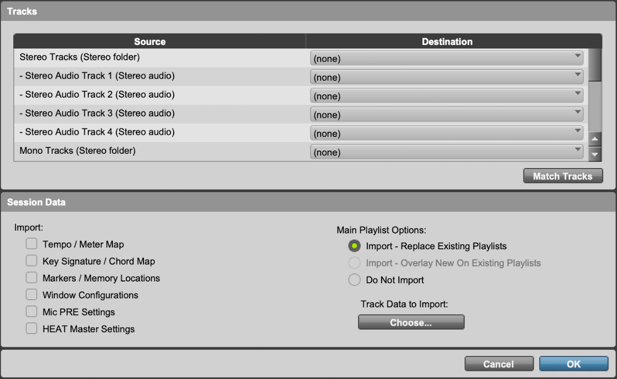 Figure 2.9: The Import Session Data window’s Tracks and Session Data (bottom half)